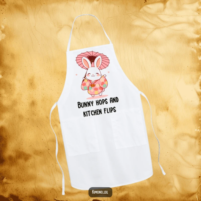 Funny rabbit in a vibrant kimono joyfully dancing with a paper umbrella, a humorous kitchen apron.