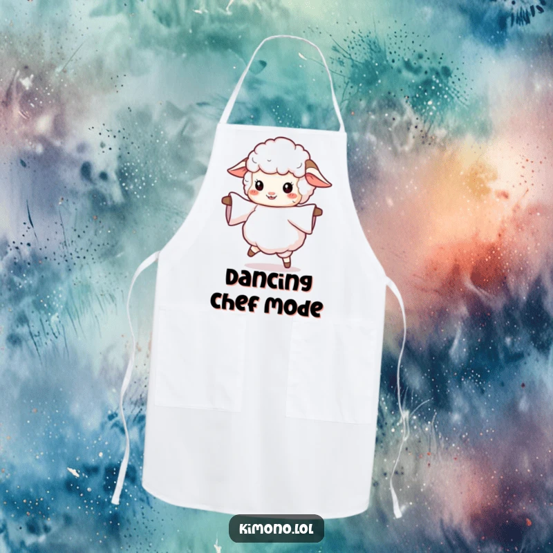 Funny apron with a fluffy sheep twirling with a flowing sleeve, perfect for cooks who enjoy humor and a touch of dance.
