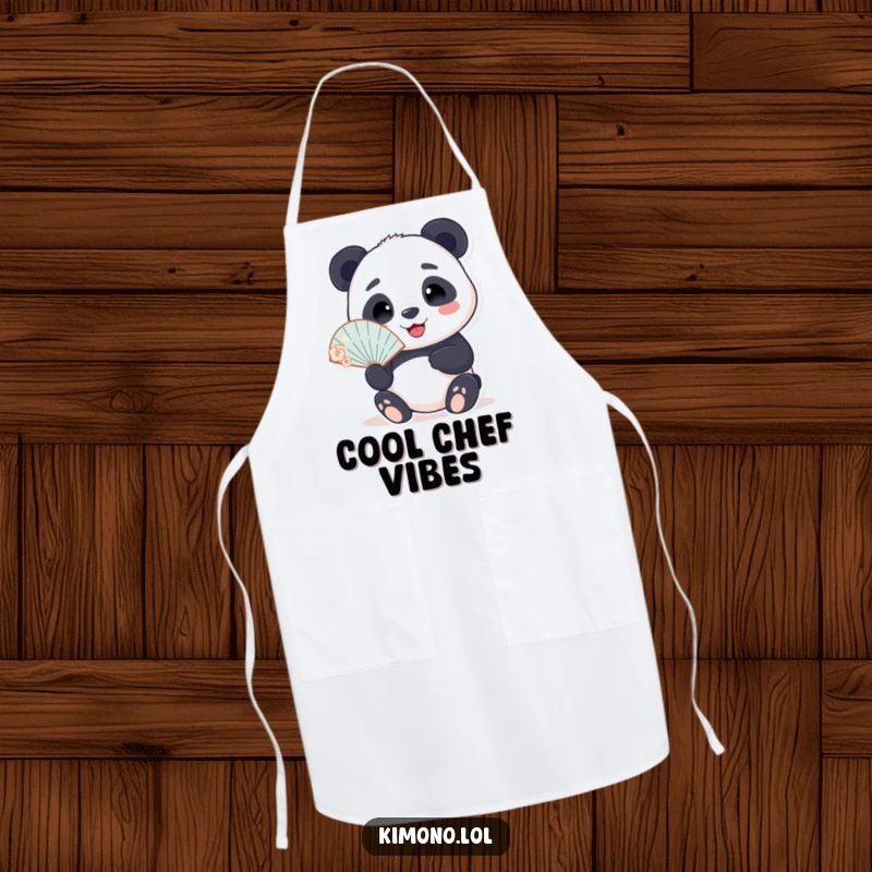 Funny apron with a smiling panda holding a delicate fan, perfect for cooks who enjoy humor and staying cool.