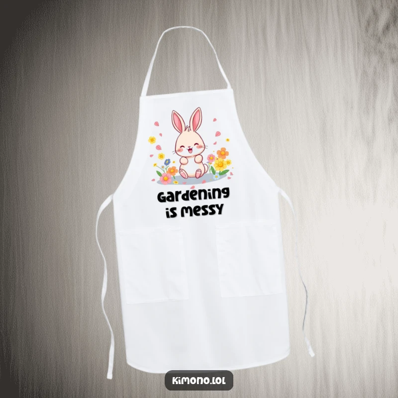 Funny apron with a cheerful bunny scattering flower petals, making cooking and baking a delightful, colorful experience.