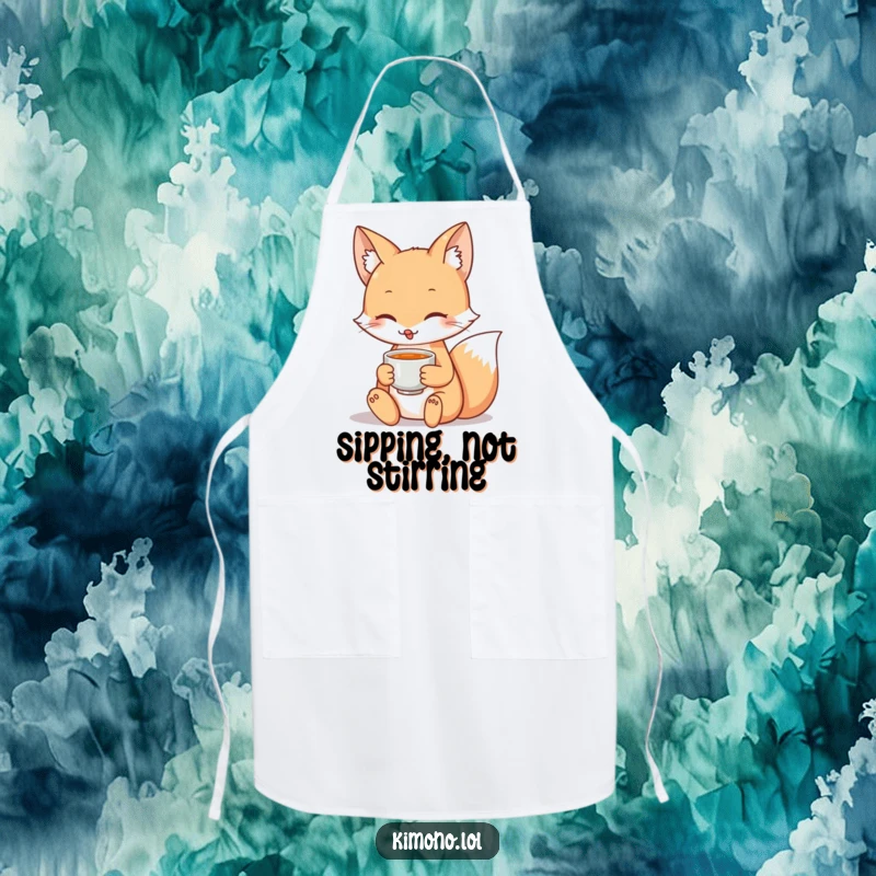 Funny apron with a serene fox character holding a teacup, adding a touch of whimsical charm to cooking.