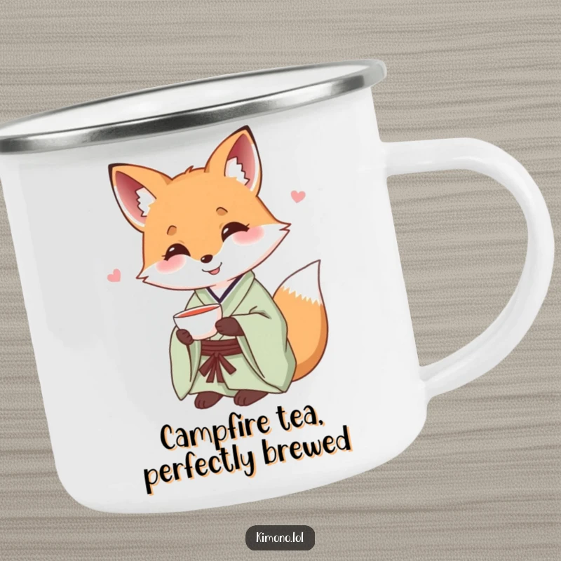Funny fox in a silk kimono offering a small teacup, a humorous camping mug.