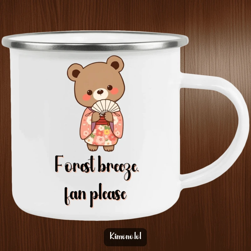 Funny bear in a floral kimono gracefully holding a delicate fan, a humorous camping mug.