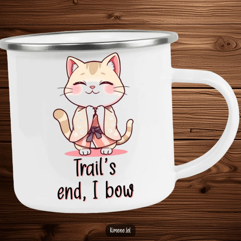 Funny cheerful cat in a patterned kimono energetically bowing, a humorous camping mug.