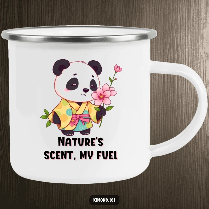 Funny panda in a colorful kimono curiously sniffing a blooming flower, a humorous camping mug.
