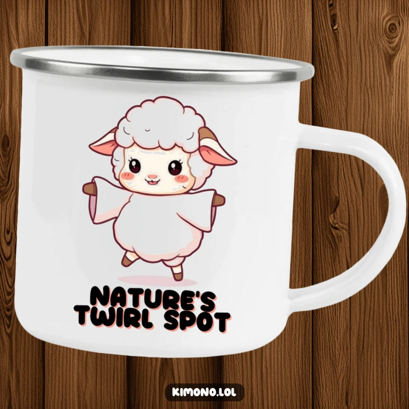 Funny camping mug showing a fluffy sheep twirling with a flowing sleeve, ideal for adventurers who appreciate humor and movement.