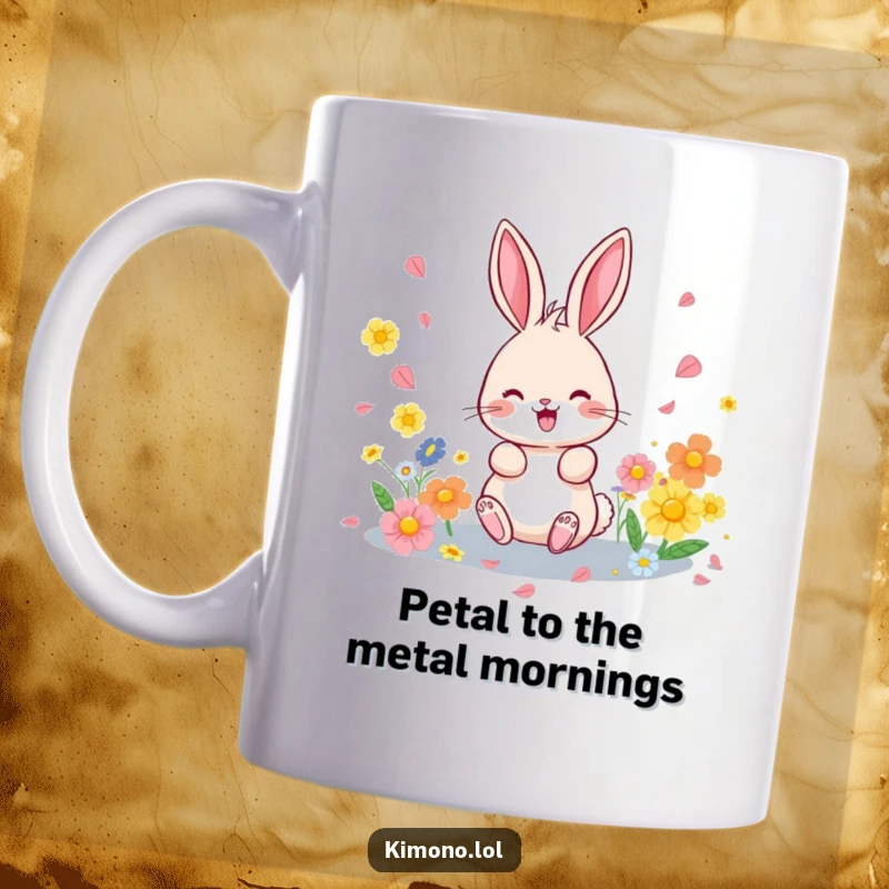 Funny mug featuring a happy bunny playfully scattering colorful flower petals, celebrating spring and joyful moments.
