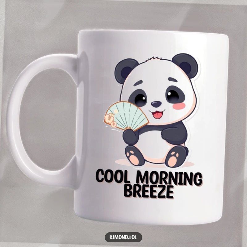 Funny panda mug with a smiling panda character holding a delicate fan, embodying peacefulness and a touch of cool humor.