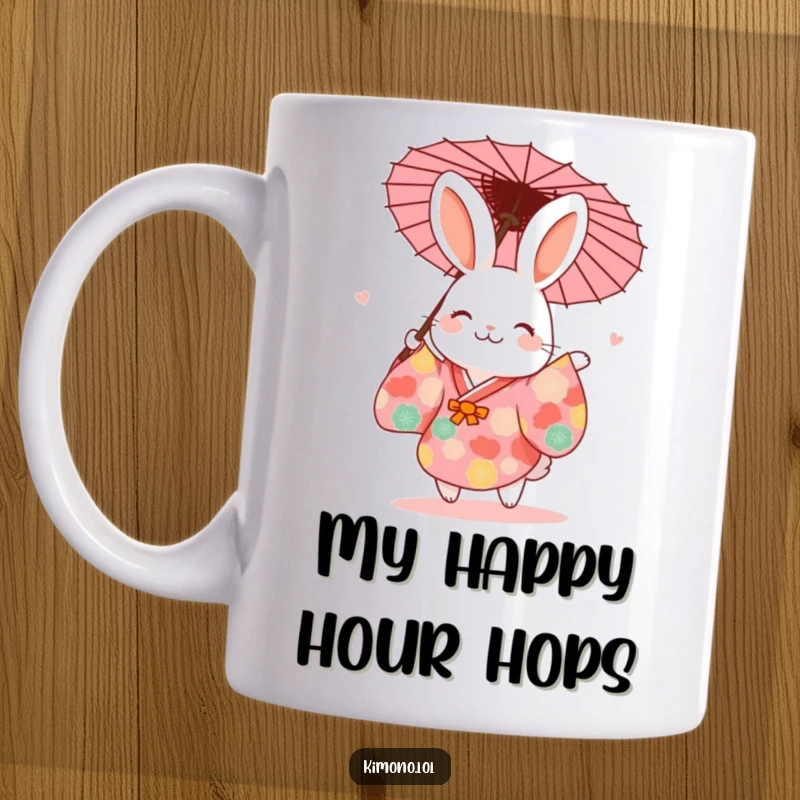 Funny rabbit in a vibrant kimono dancing joyfully with a paper umbrella, cute and whimsical mug art.