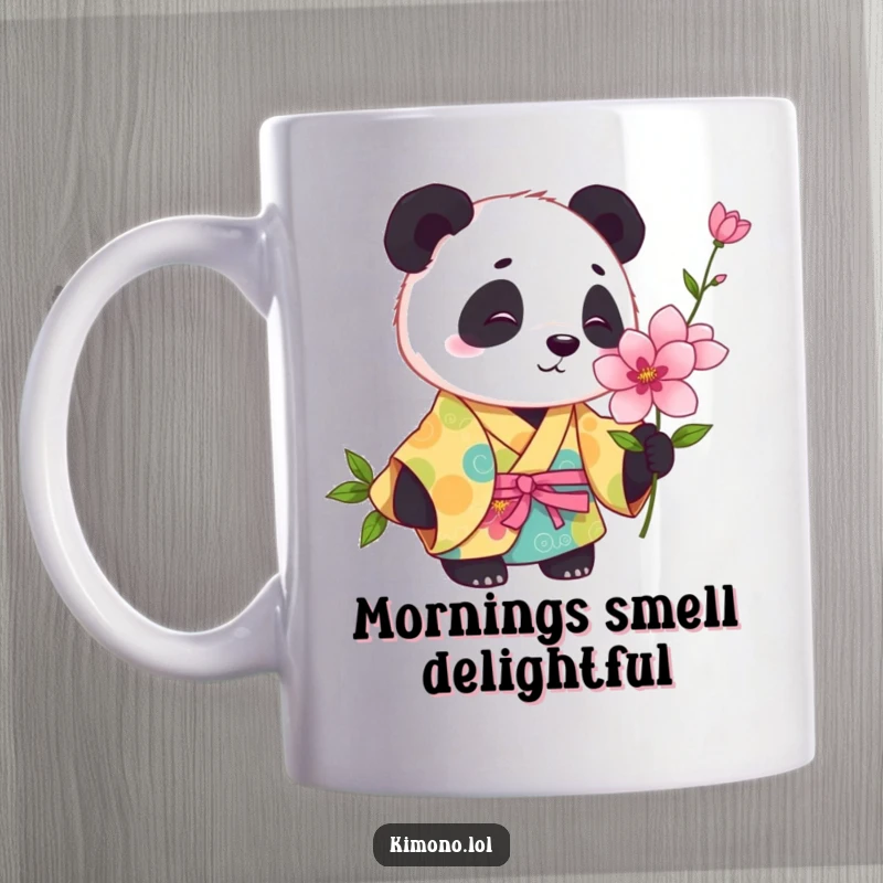 Funny playful panda in a colorful kimono curiously sniffing a blooming flower, cute mug art.