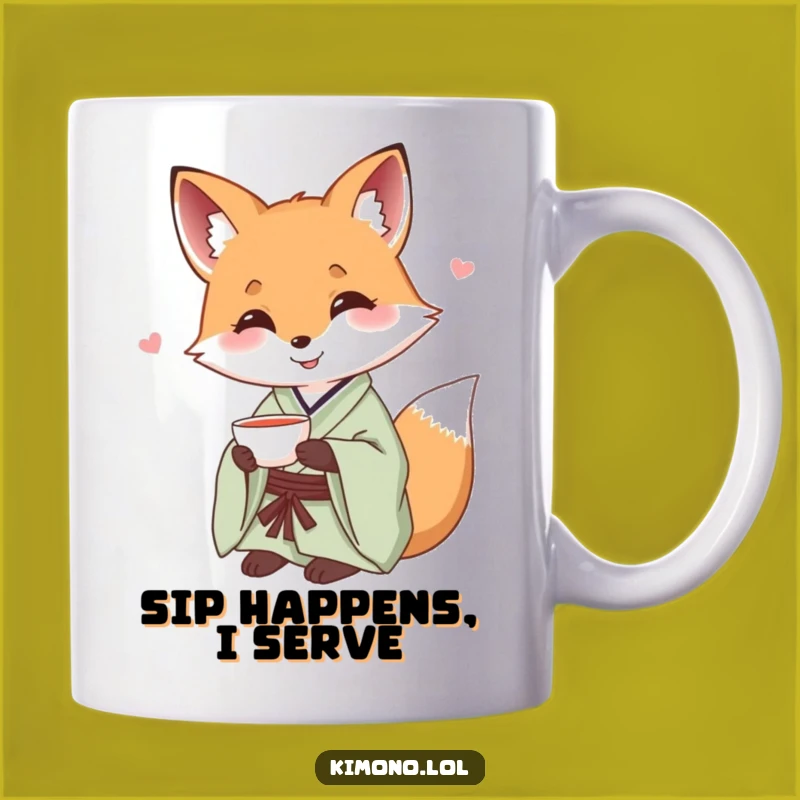 Funny Fox Kimono Mug: Serene Tea Moment, Whimsical Gift for Fox Lovers