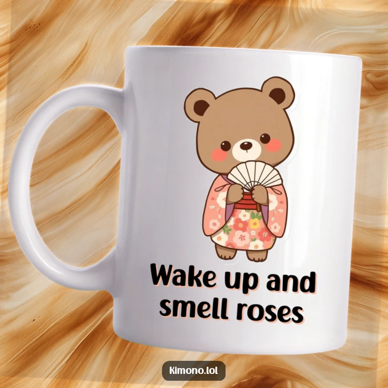 Funny small bear in a floral kimono gracefully holding a delicate fan, elegant mug art.