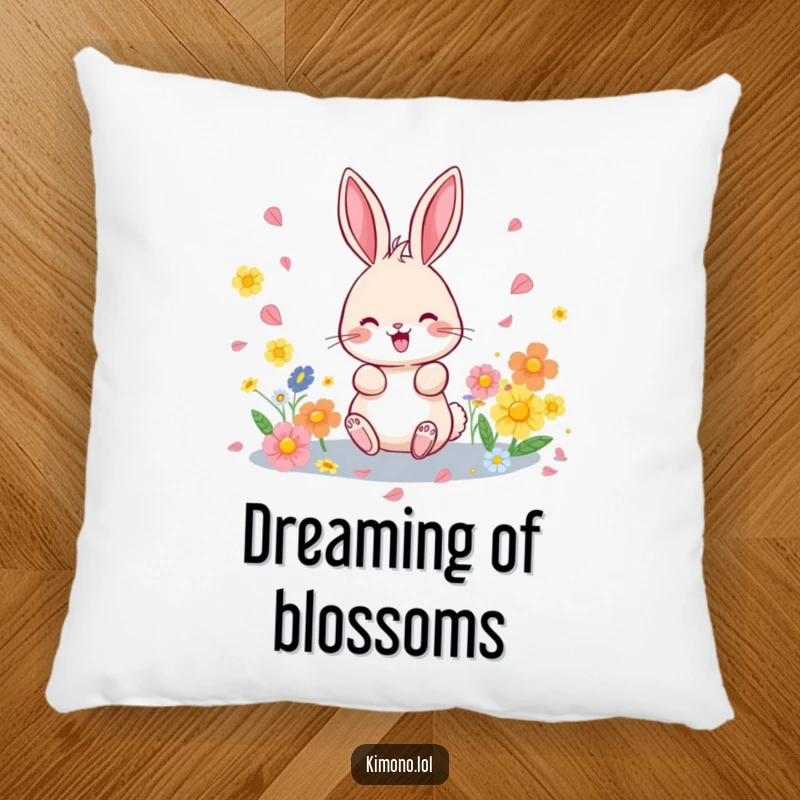Funny pillow featuring a cute bunny scattering colorful flower petals, adding a touch of spring charm to any sofa.