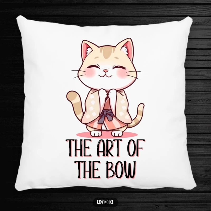 Funny cheerful cat in a patterned kimono energetically bowing on a soft pillow.