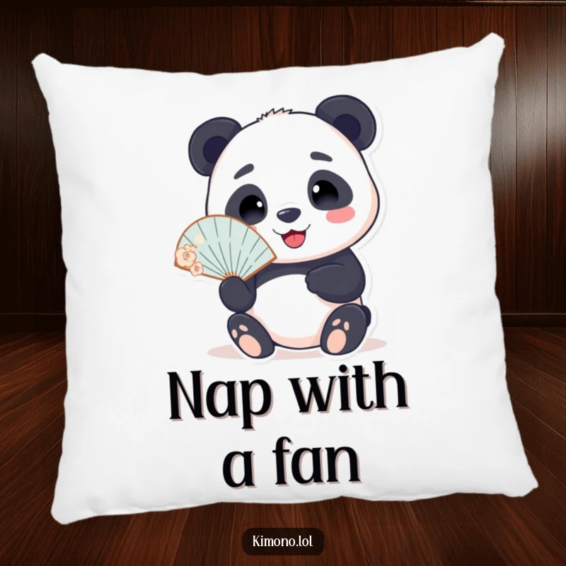 Funny pillow with a smiling panda holding a delicate fan, offering soft comfort and a humorous decorative accent.