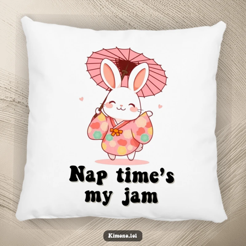 Funny and cute rabbit in a vibrant kimono joyfully dancing with a paper umbrella on a soft pillow.