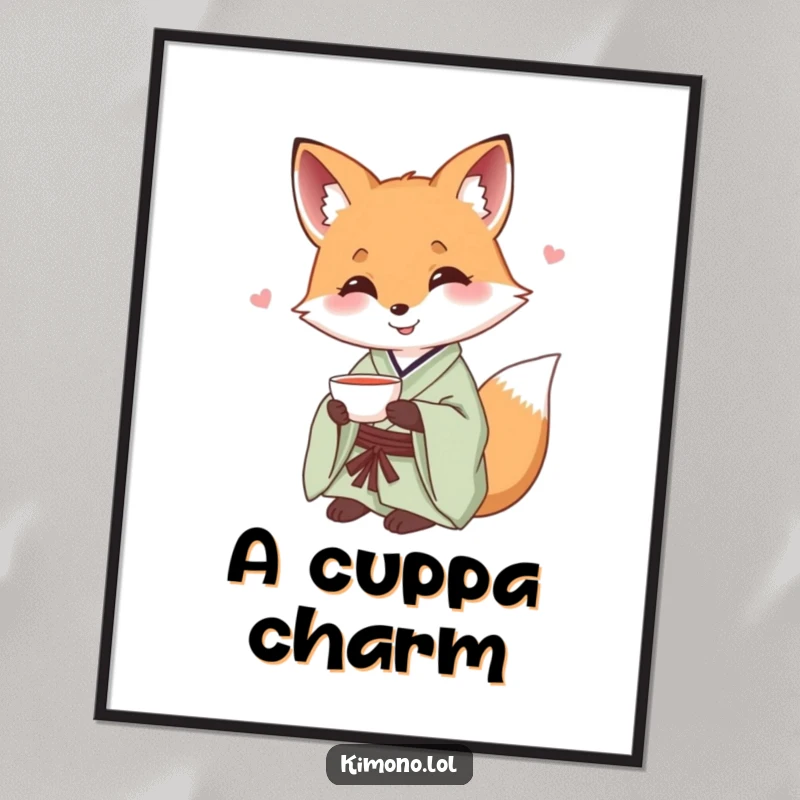 Funny digital art of a smiling fox in a silk kimono offering a small teacup.