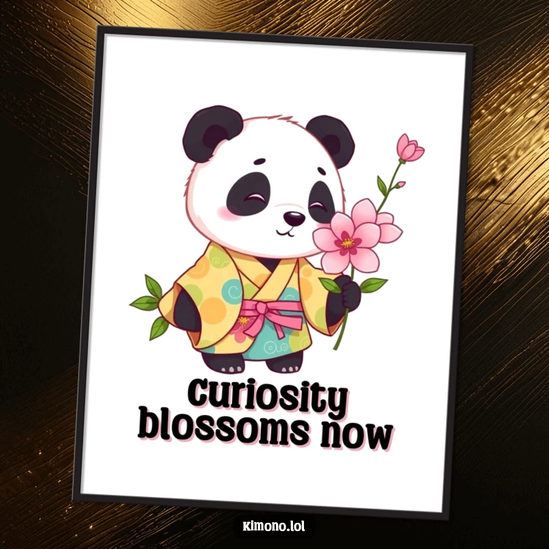 Funny digital art of a playful panda in a colorful kimono curiously sniffing a blooming flower.