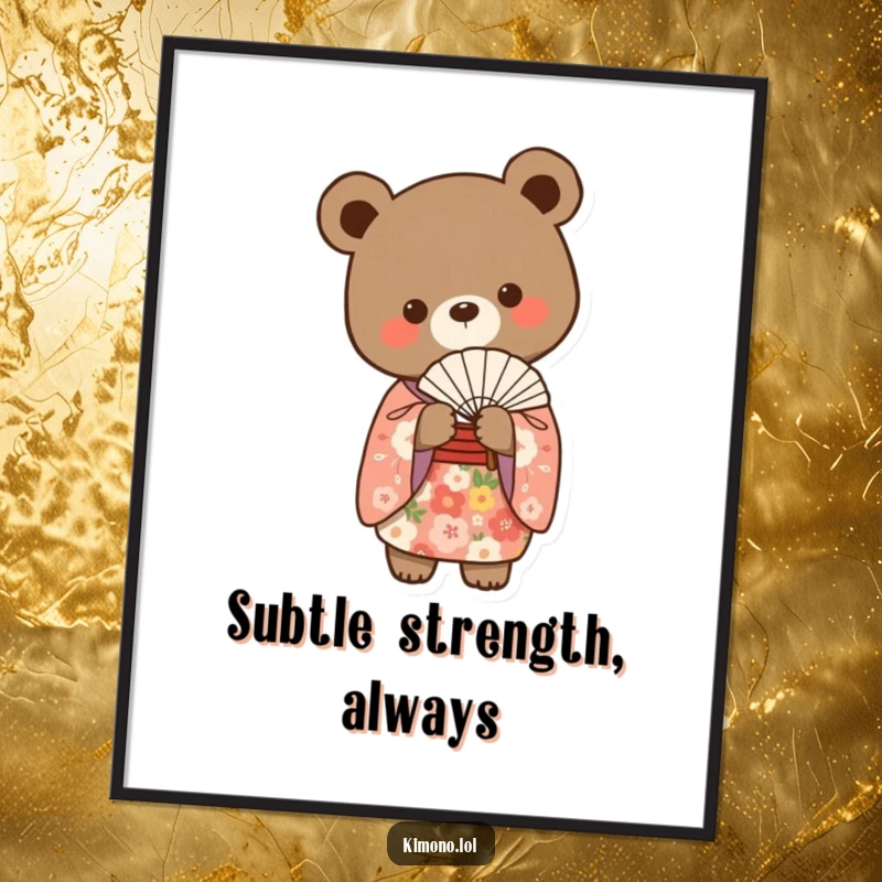 Funny digital art of a small bear in a floral kimono gracefully holding a delicate fan.