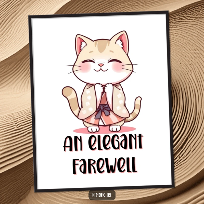 Funny digital art of a cheerful cat in a patterned kimono energetically bowing.