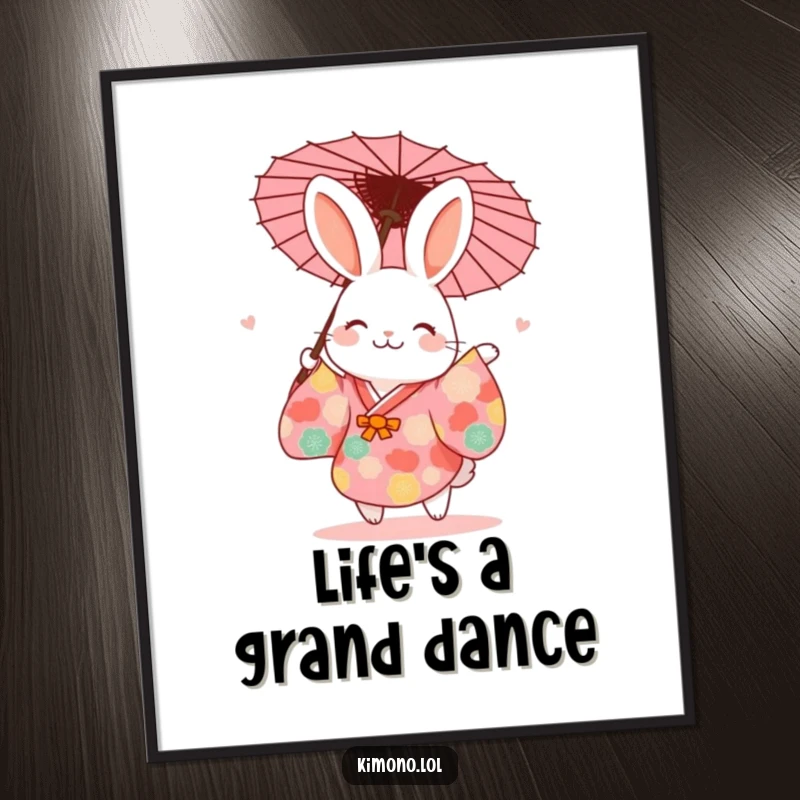 Funny digital art of a rabbit in a vibrant kimono joyfully dancing with a paper umbrella.