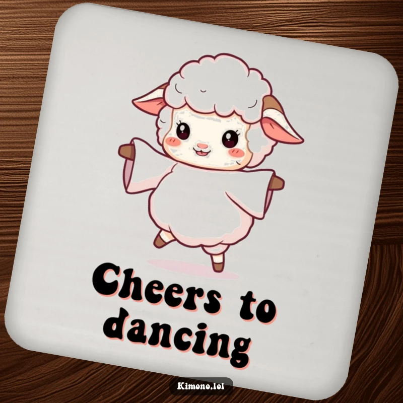 Funny drink coaster with a fluffy sheep twirling with a flowing sleeve, adding a humorous and protective element to tabletops.