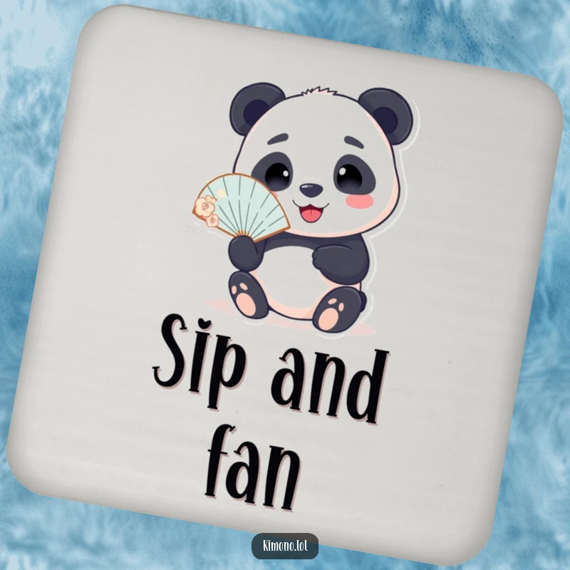 Funny drink coaster with a smiling panda holding a delicate fan, adding a humorous and protective element to tabletops.