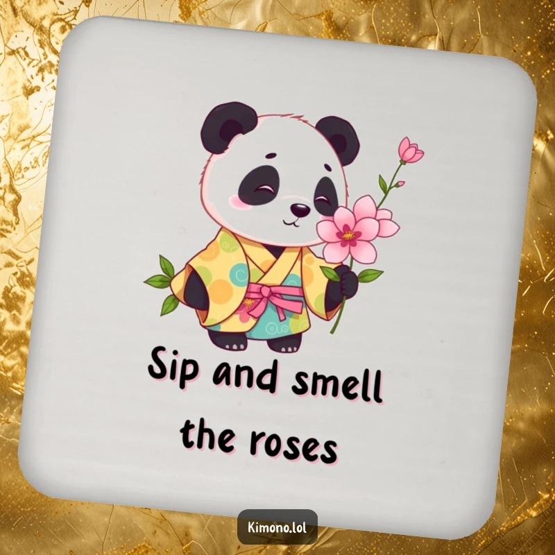 Funny panda in a colorful kimono curiously sniffing a blooming flower, a humorous drink coaster.