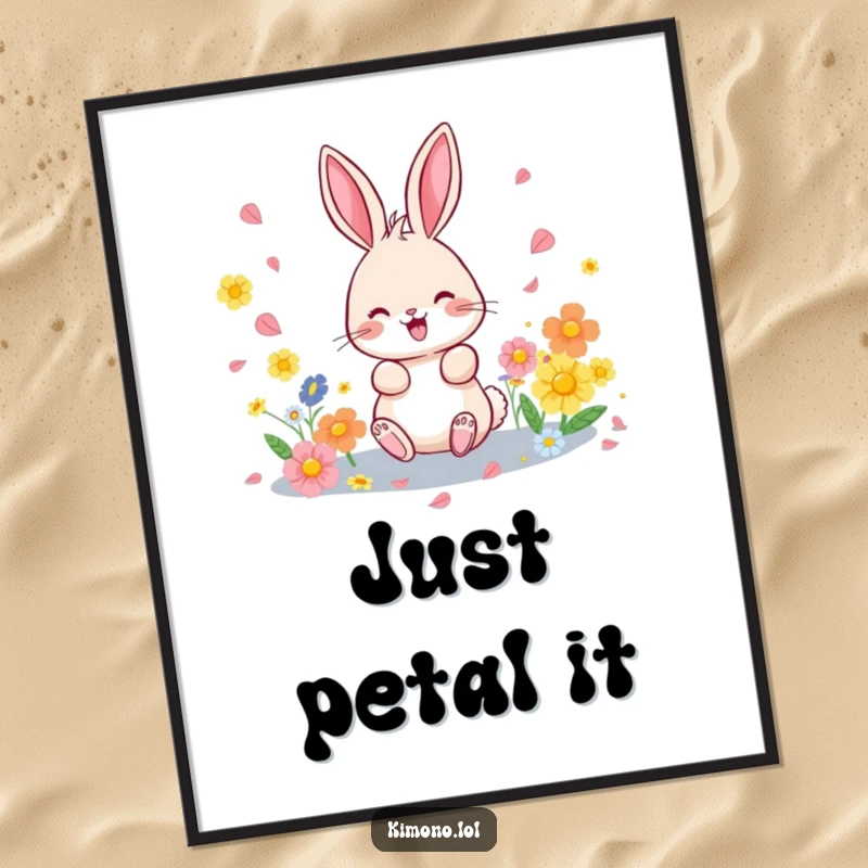 Funny poster art of a happy bunny scattering a rainbow of flower petals, bringing vibrant spring cheer to any wall.