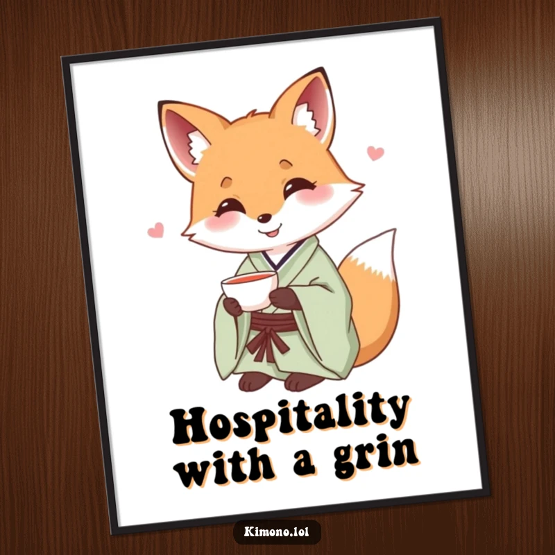Funny artistic print of a smiling fox in a silk kimono offering a small teacup.