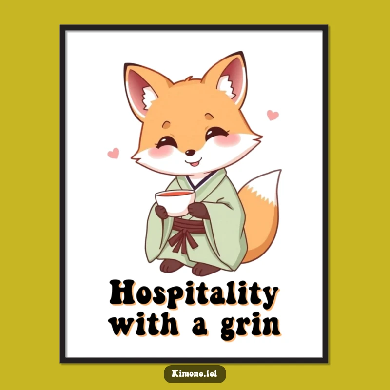 Funny Fox Kimono Poster: Serene Tea Art, Humorous Wall Decor Gift