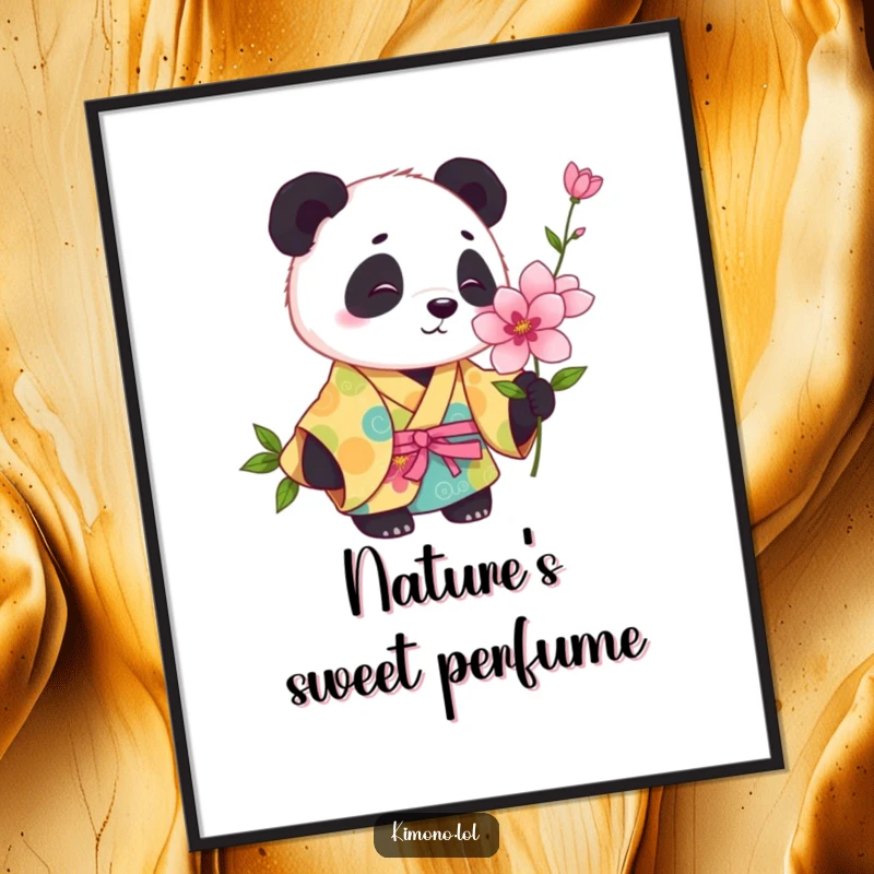 Funny artistic print of a playful panda in a colorful kimono curiously sniffing a blooming flower.