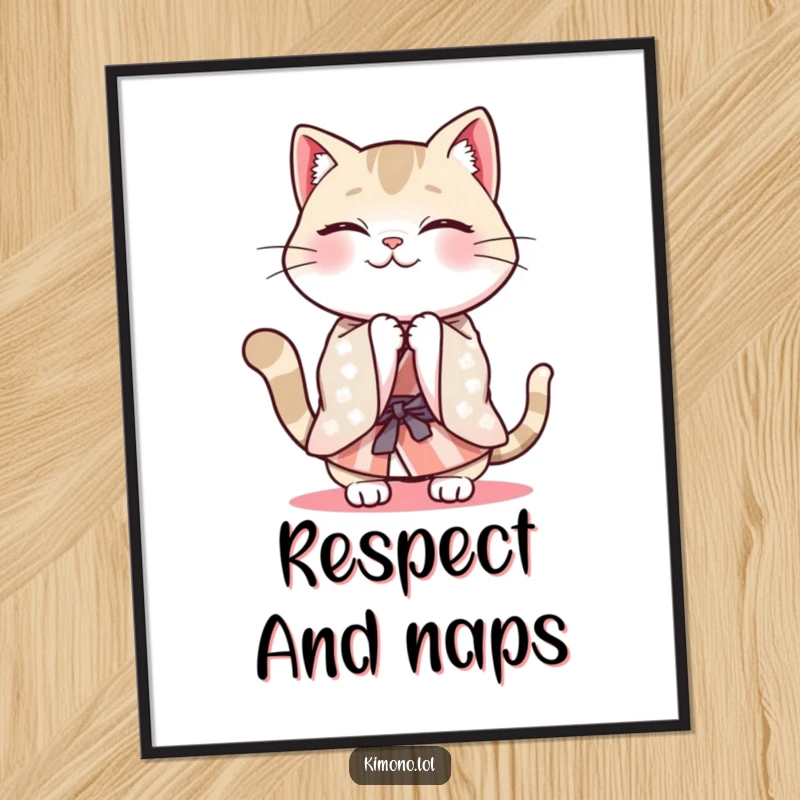 Funny artistic print of a cheerful cat in a patterned kimono energetically bowing.