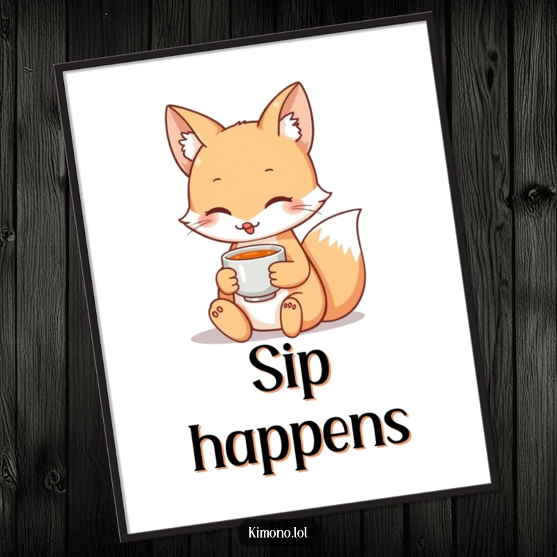 Funny poster art of a serene fox holding a teacup, bringing a peaceful woodland atmosphere to any room.
