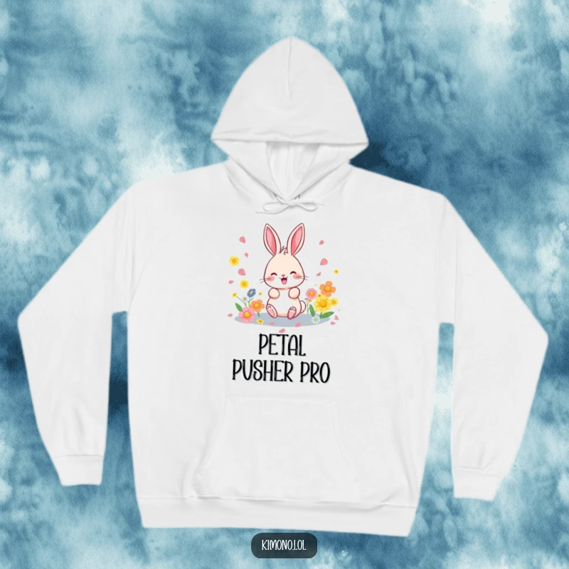 Funny hoodie showcasing a cheerful bunny scattering a cascade of vivid flower petals, perfect for spring comfort.
