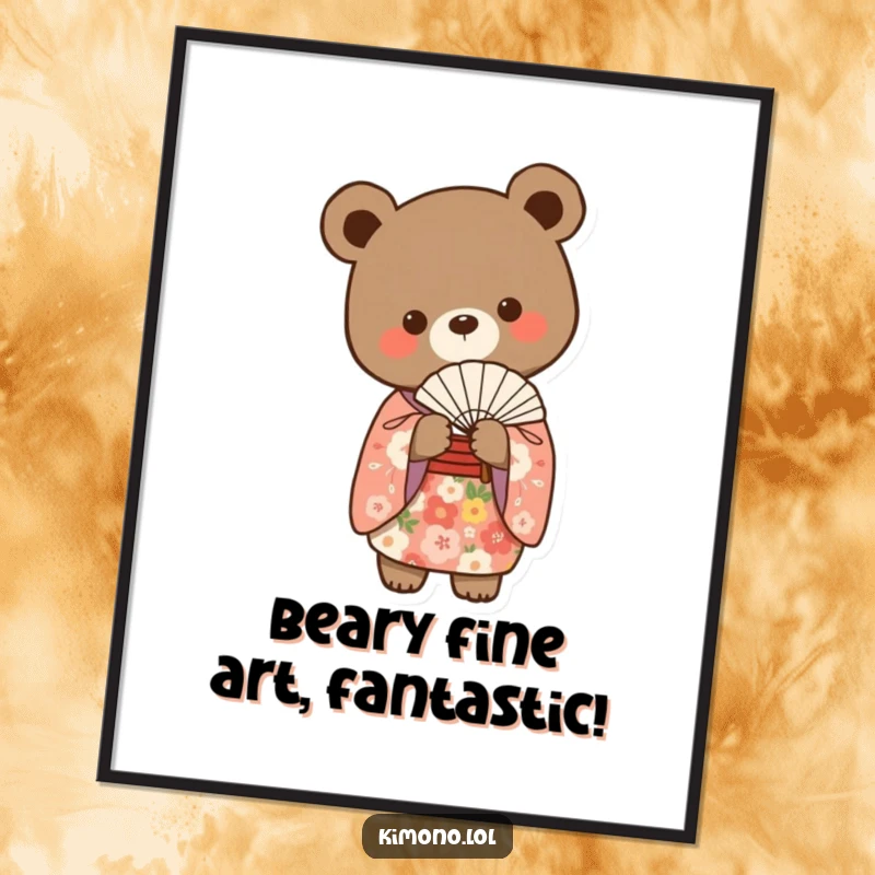 Funny Free Printable Wall Art: Small bear in a floral kimono holding a delicate fan gracefully.