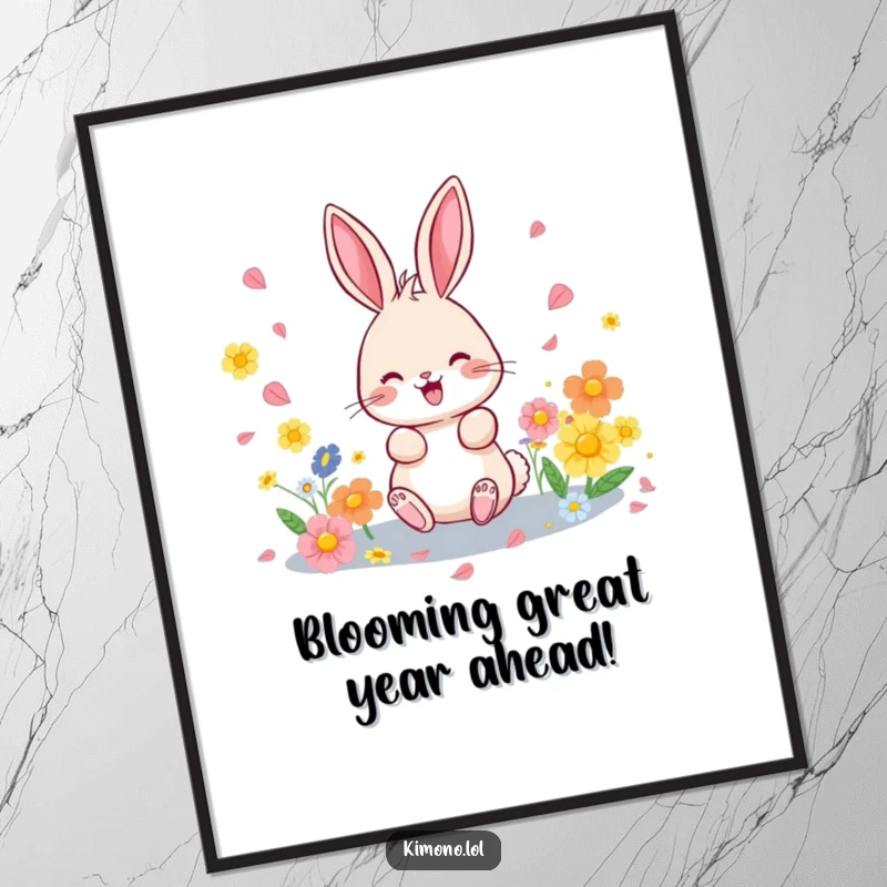 Funny free printable wall art depicting a playful bunny scattering vibrant flower petals, adding a touch of joy.