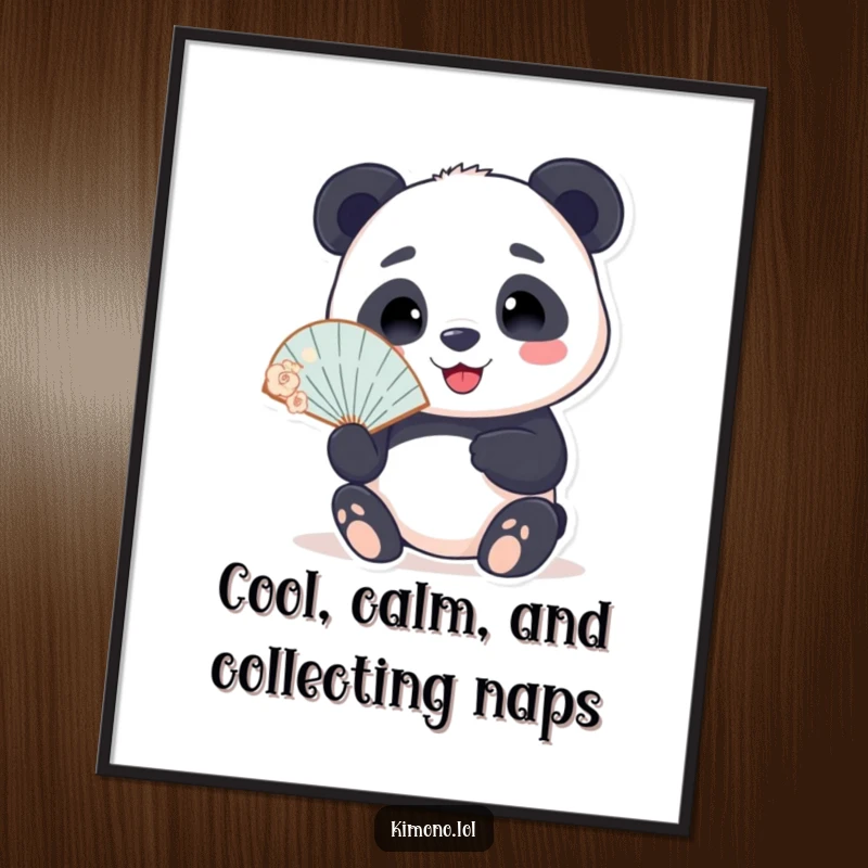 Funny free printable wall art: A smiling panda character holds a delicate fan, radiating a peaceful and cool aura.