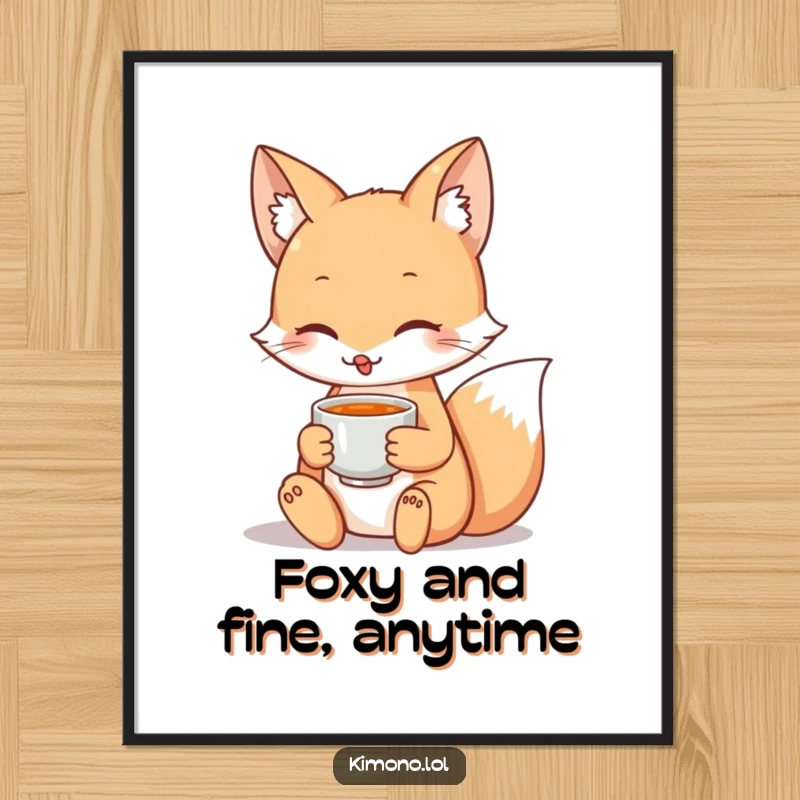 Funny free printable wall art of a serene fox holding a small teacup, radiating peaceful vibes.