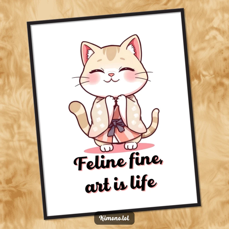 Funny Free Printable Wall Art: Cheerful cat in a patterned kimono energetically bowing.