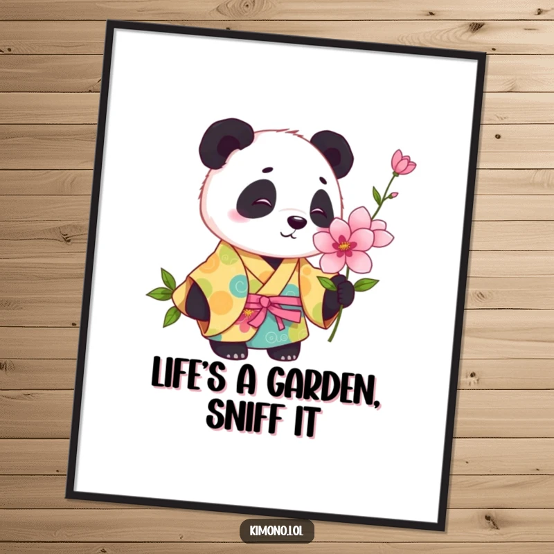 Funny Free Printable Wall Art: Playful panda in a colorful kimono curiously sniffing a blooming flower.