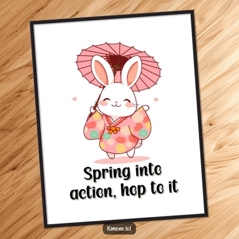 Funny Free Printable Wall Art: Cute rabbit in a vibrant kimono dancing with a paper umbrella.