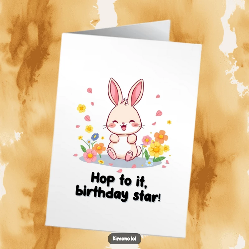 Funny free printable bunny birthday card with a playful character scattering colourful flower petals with joy.