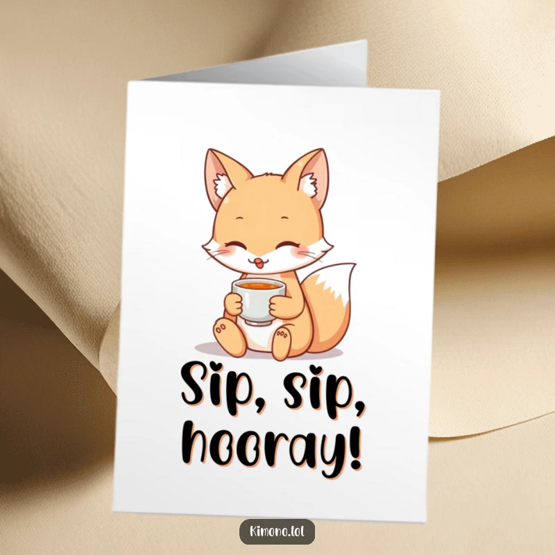 Funny free printable birthday card featuring a serene fox gracefully holding a small teacup with a smile.