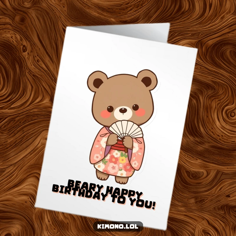 Funny Free Printable Birthday Card: Small bear in floral kimono holding a delicate fan gracefully.