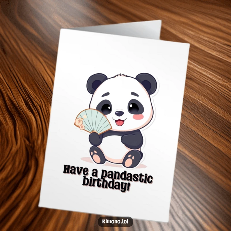 Funny free printable birthday card: A smiling panda holds a delicate fan, looking effortlessly cool and ready to party.