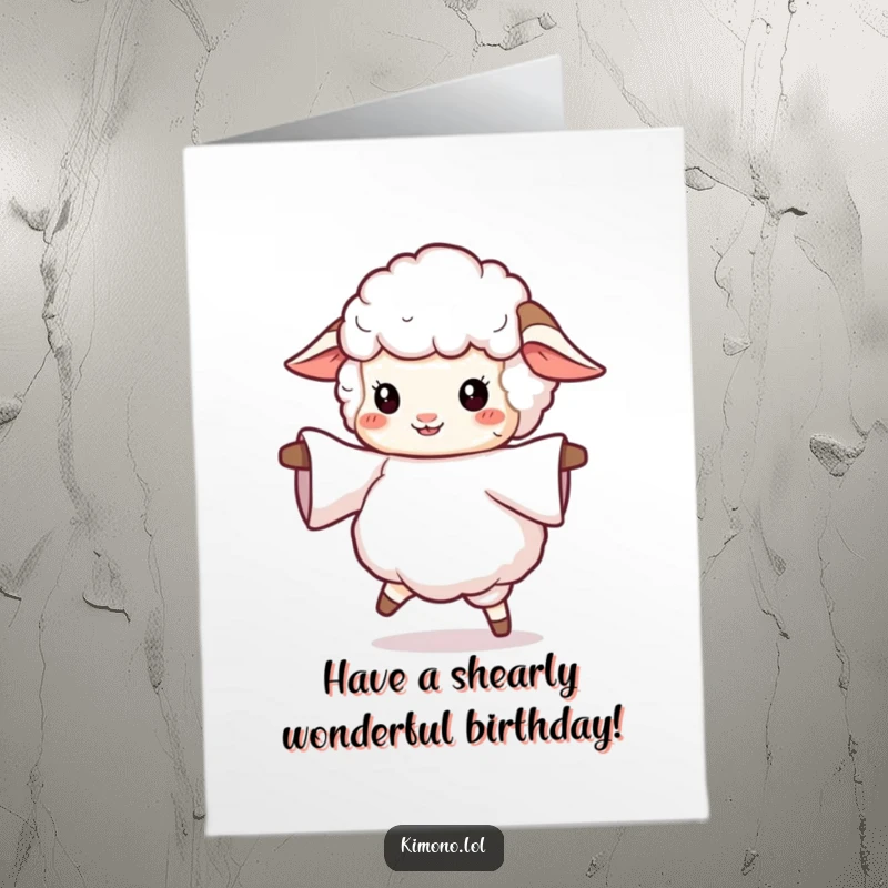 Funny free printable birthday card: A fluffy sheep joyfully twirls with a flowing sleeve, radiating pure happiness.