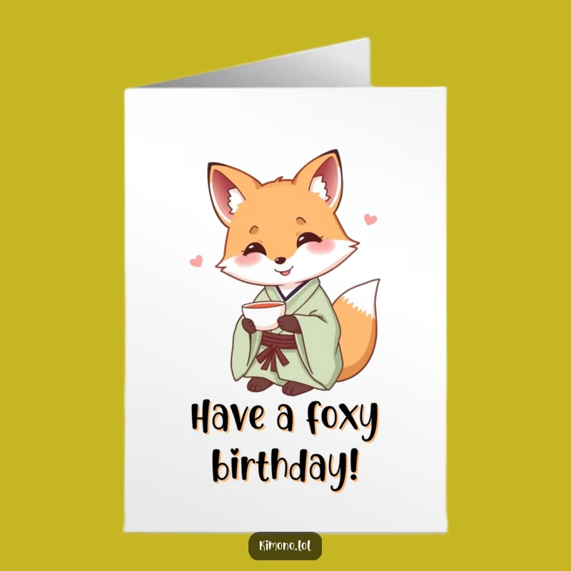 Free Printable Funny Birthday Card: Fox Teacup Kimono - Charming Downloadable Gift