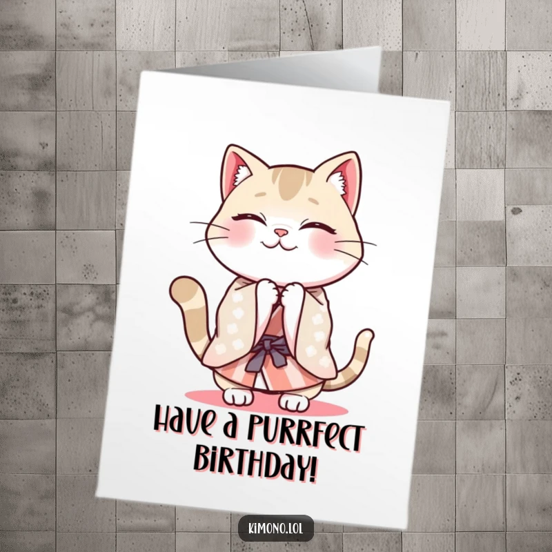 Funny Free Printable Birthday Card: Cheerful cat in a patterned kimono energetically bowing.