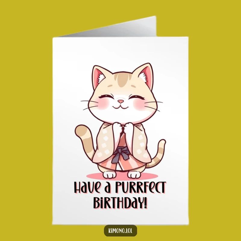 Free Printable Funny Birthday Card: Cat Bow Kimono - Energetic Downloadable Gift